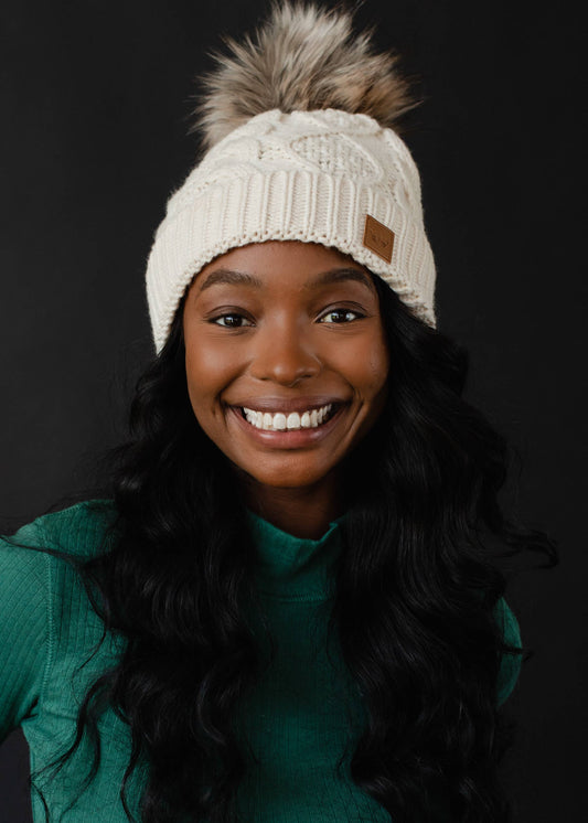 Beige Cable Knit Pom Hat