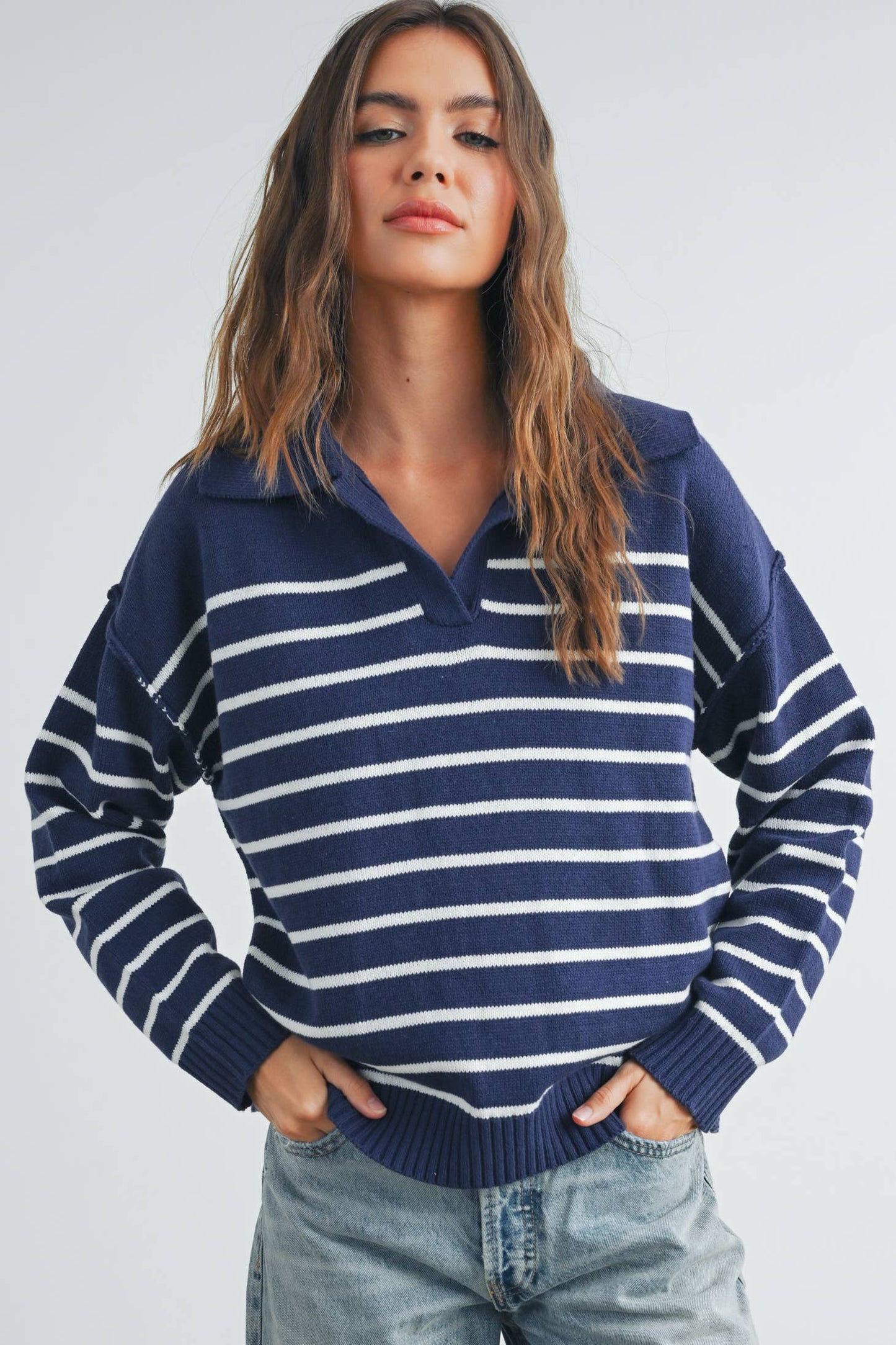 V Neck Striped Sweater in Navy