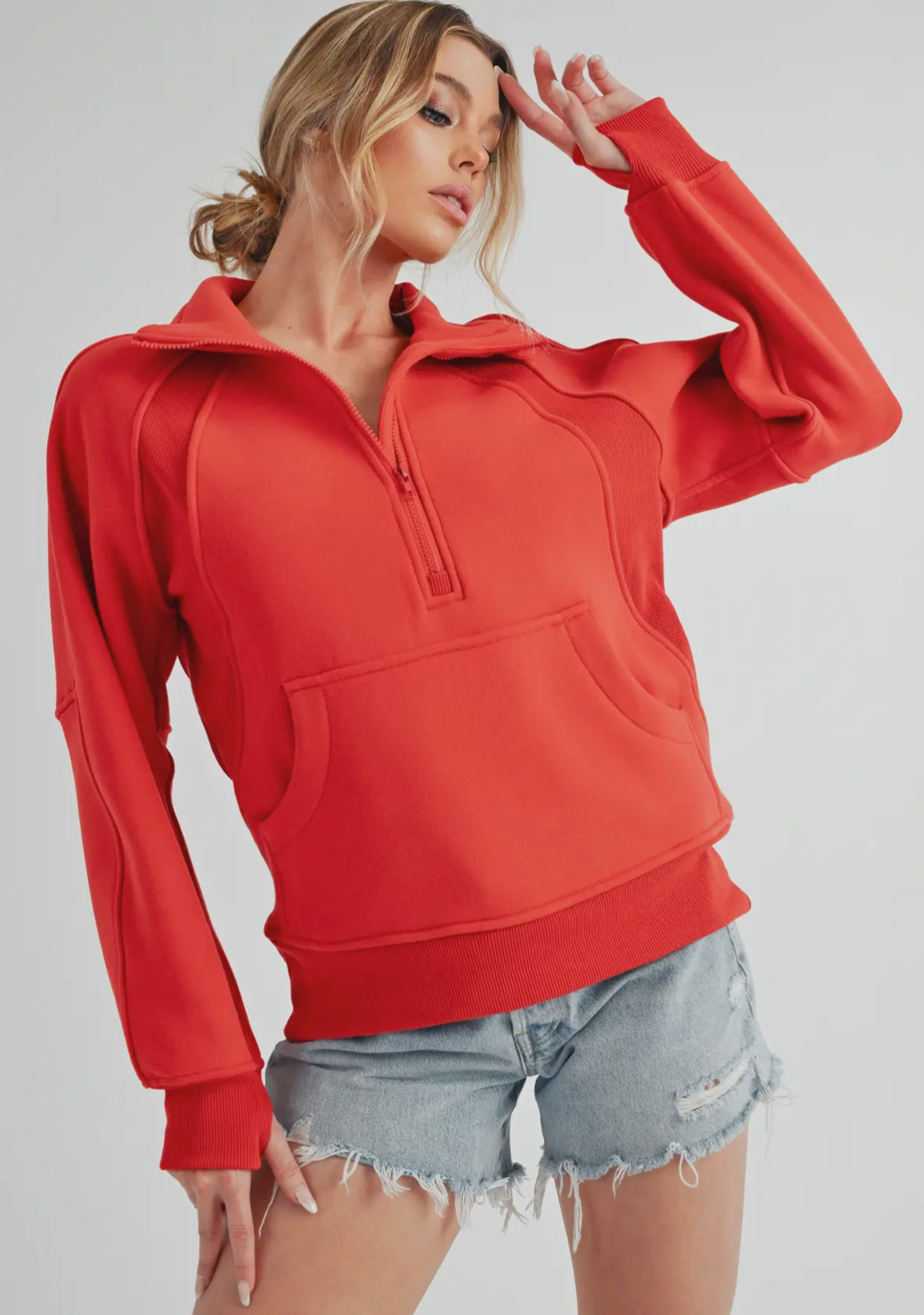 Funnel Neck Half Zip Pullover in Tomato