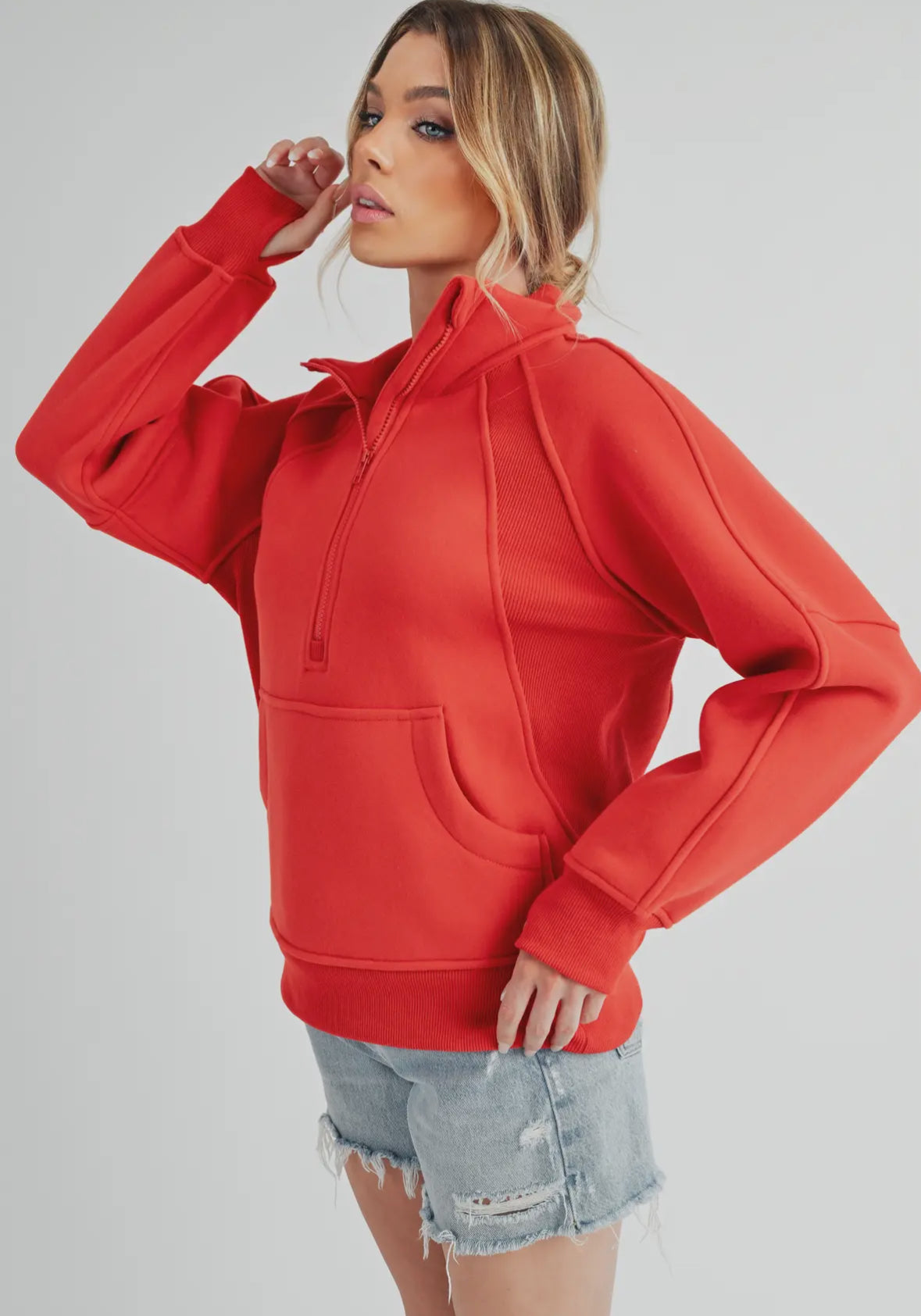 Funnel Neck Half Zip Pullover in Tomato