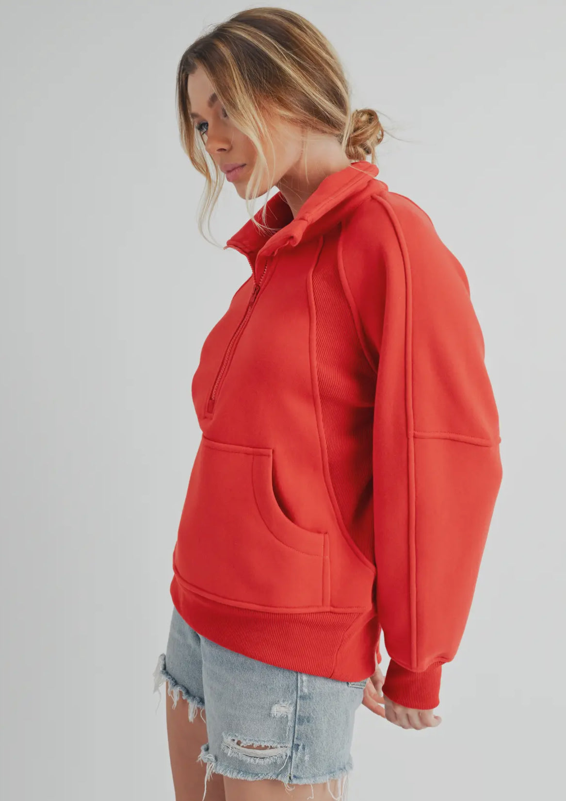 Funnel Neck Half Zip Pullover in Tomato