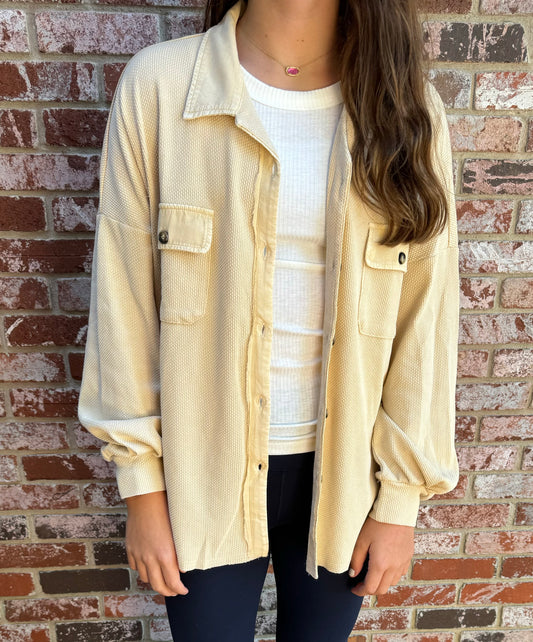 Textured Button Shacket in Khaki