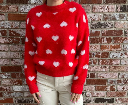 Boxy Knit Heart Sweater in Red
