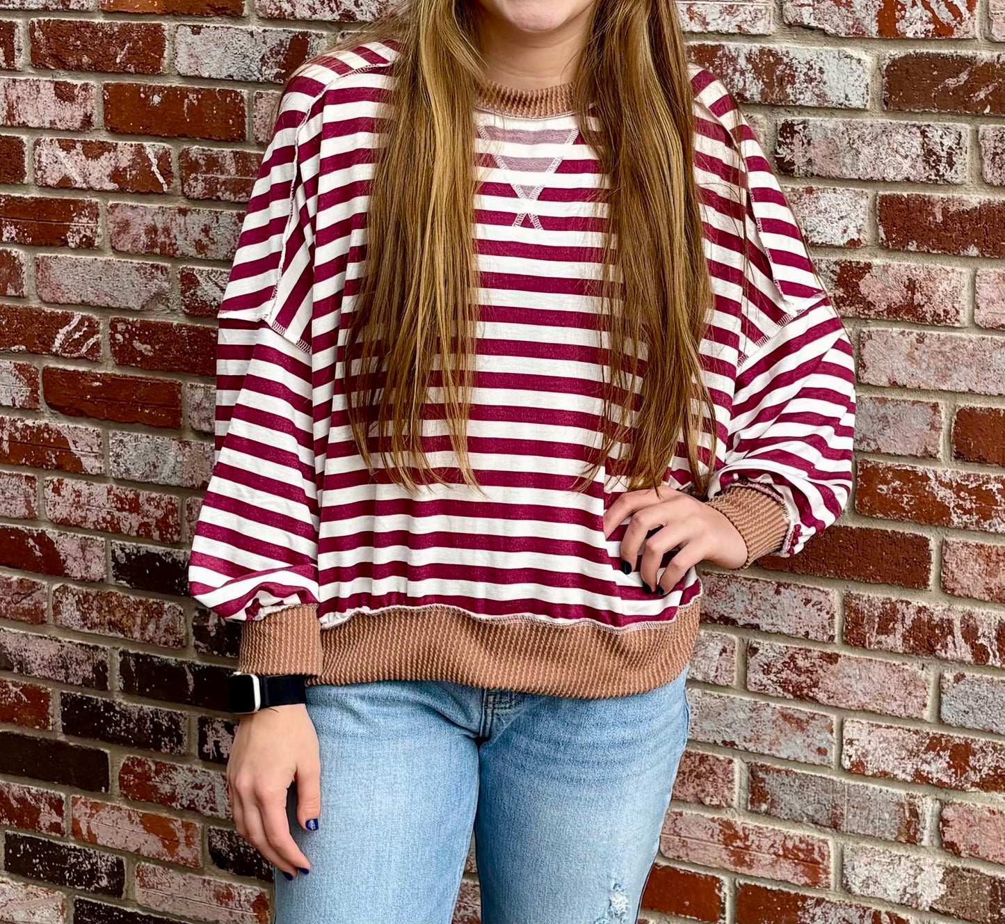 Loose Fit Stripe Pullover Top in Burgundy