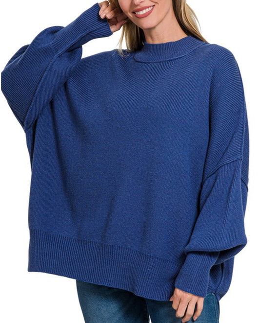 Side Slit Oversized Sweater in Navy