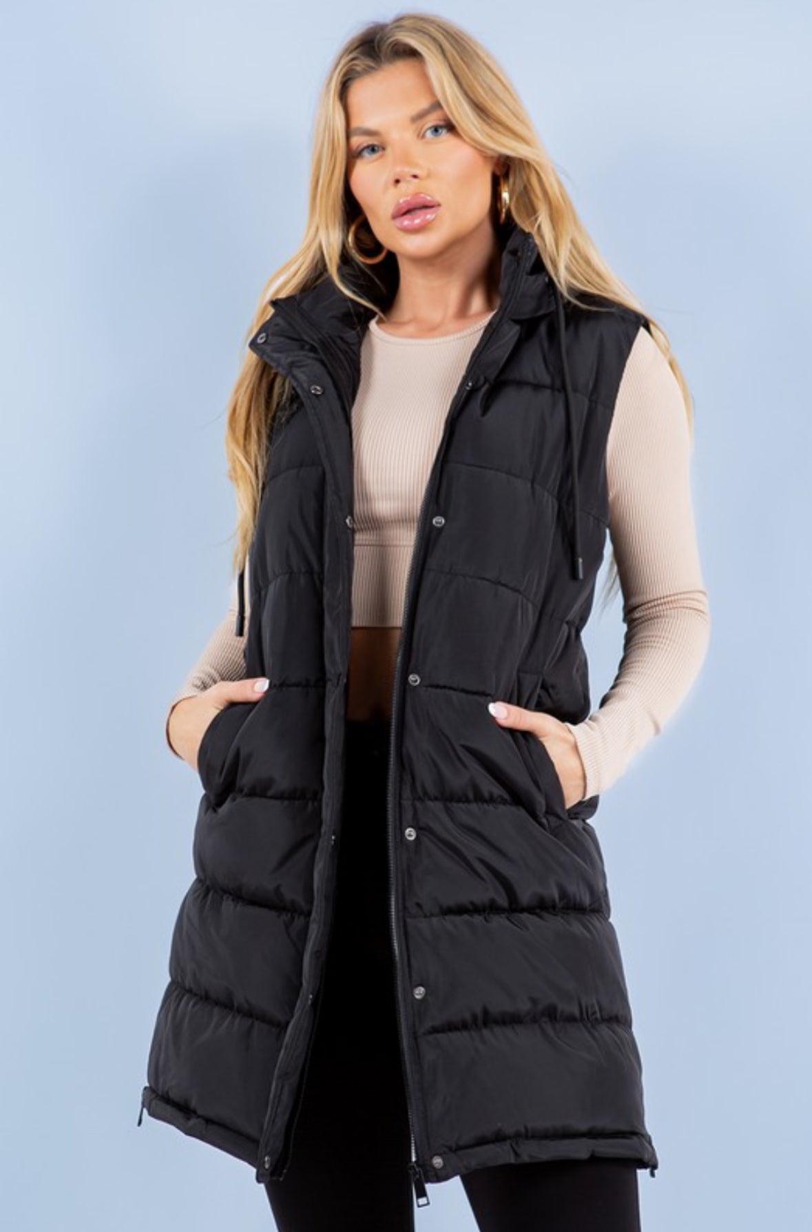 Long Puffer Vest in Black