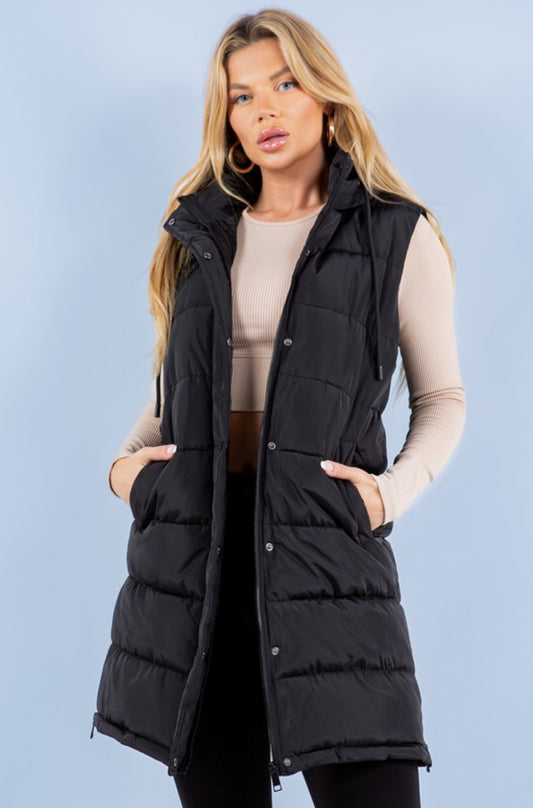 Long Puffer Vest in Black