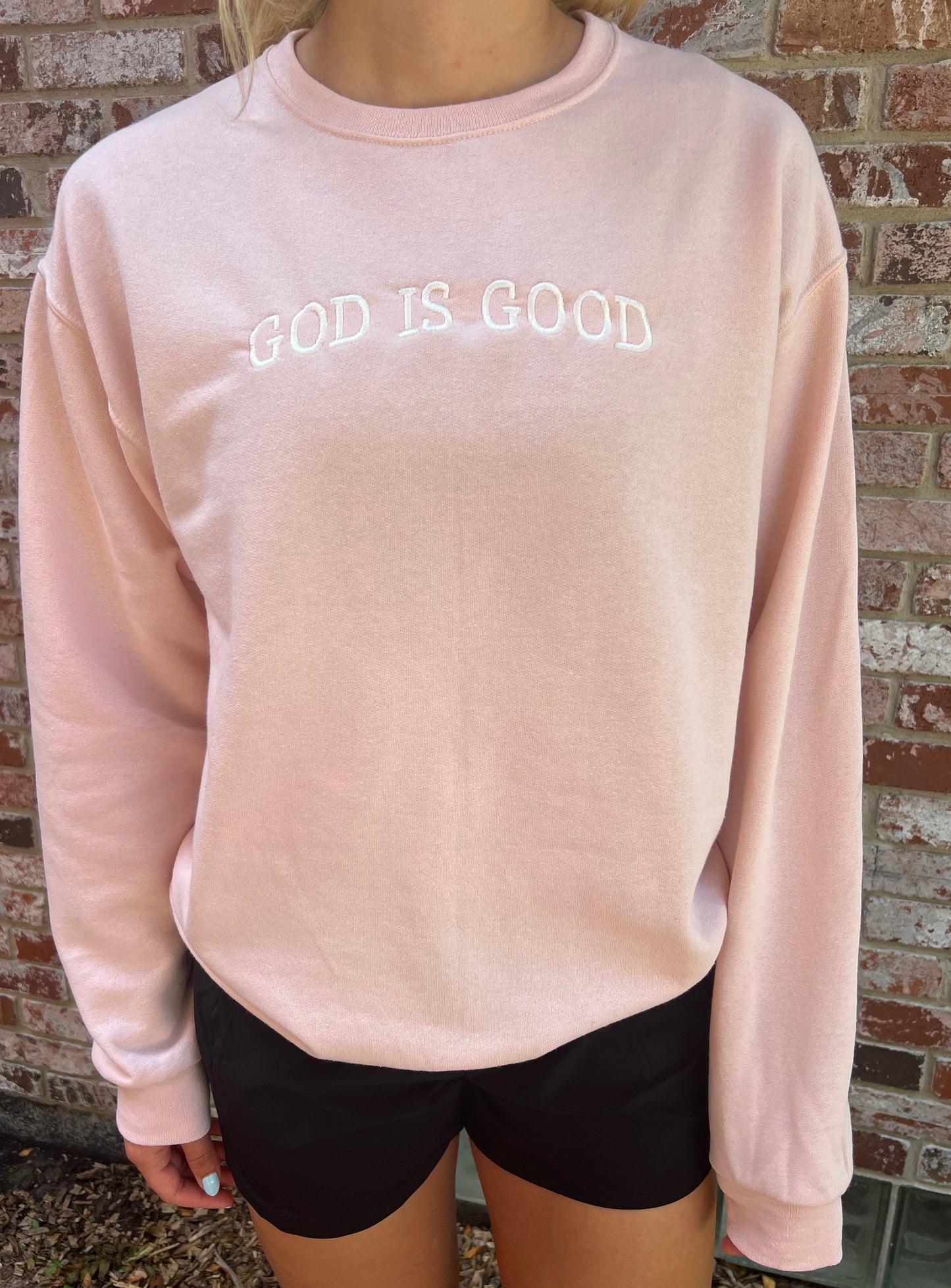 Graphic - Embroidered God Is Good in Dusty Pink