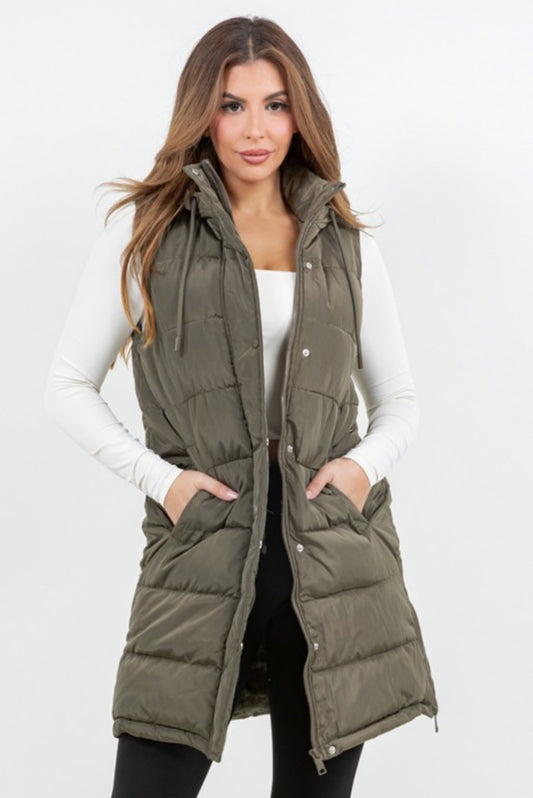 Long Puffer Vest in Olive