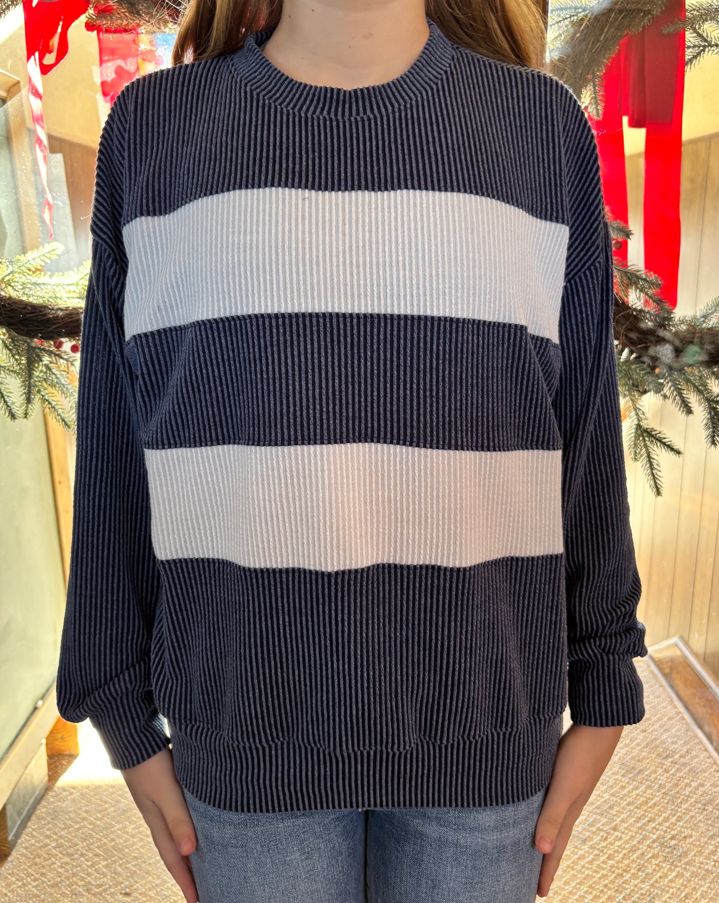 Cloudy Knit Stripe Top in Dark Navy