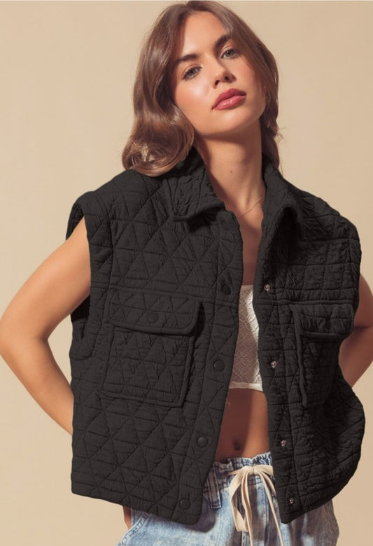 Quilted Button Up Vest in Black