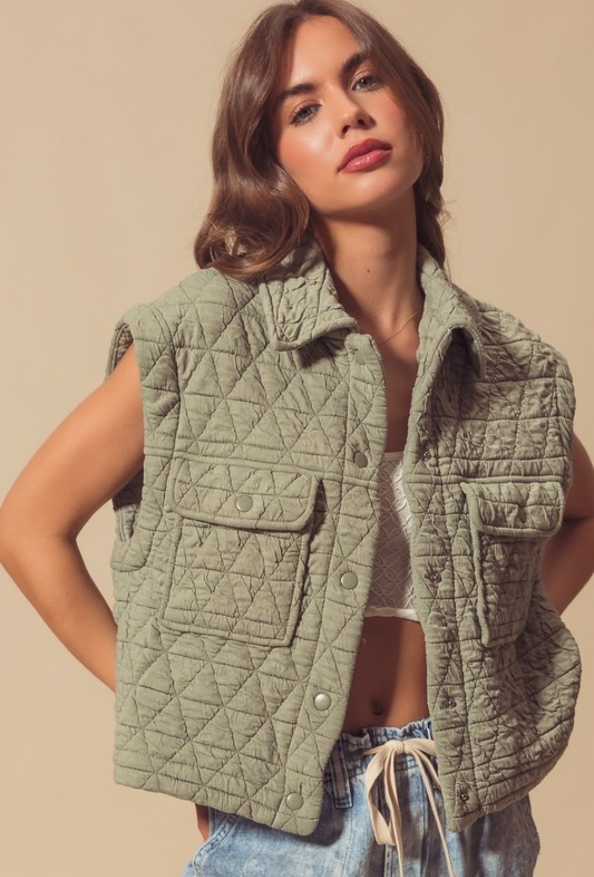 Quilted Button Up Vest in Light Olive