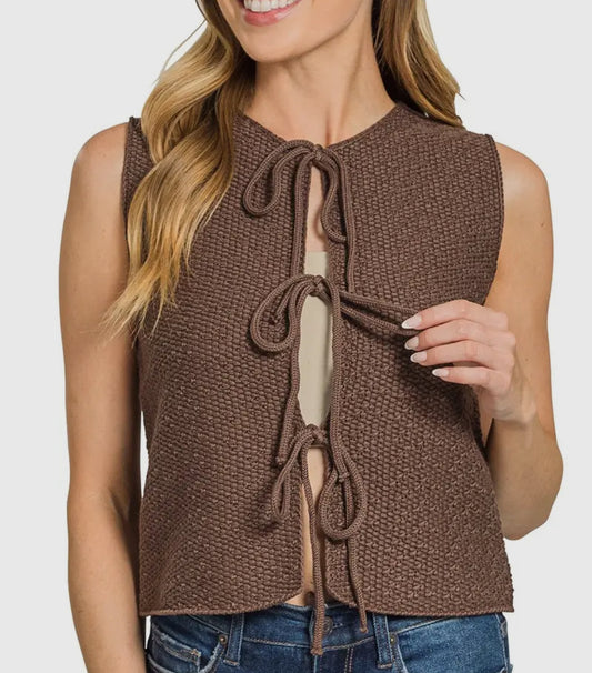 Tie Front Sweater Vest in Brown