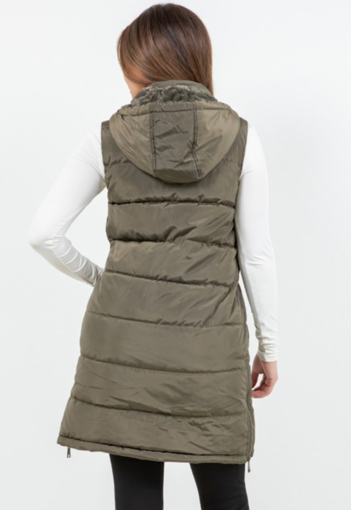 Long Puffer Vest in Olive