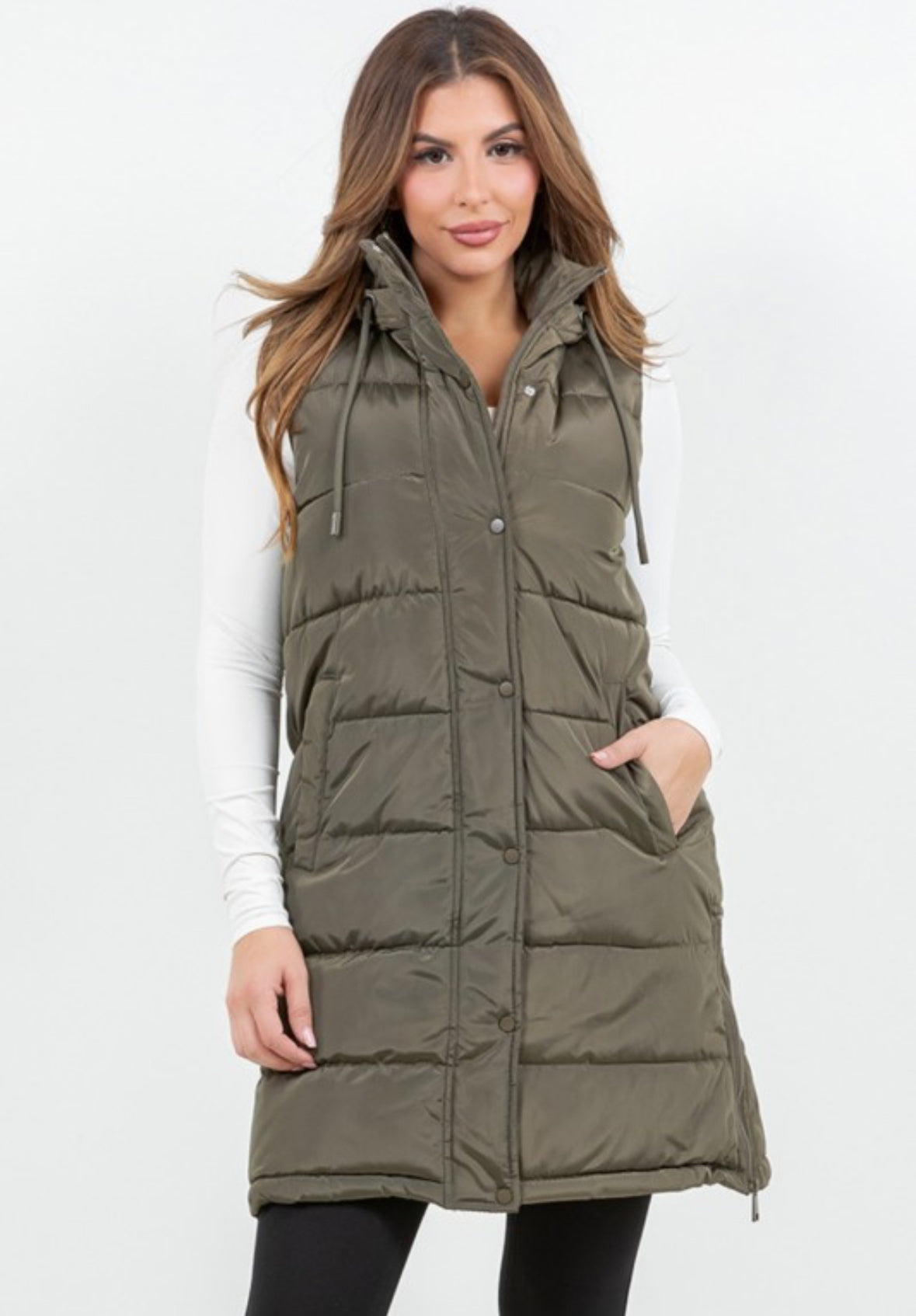 Long Puffer Vest in Olive