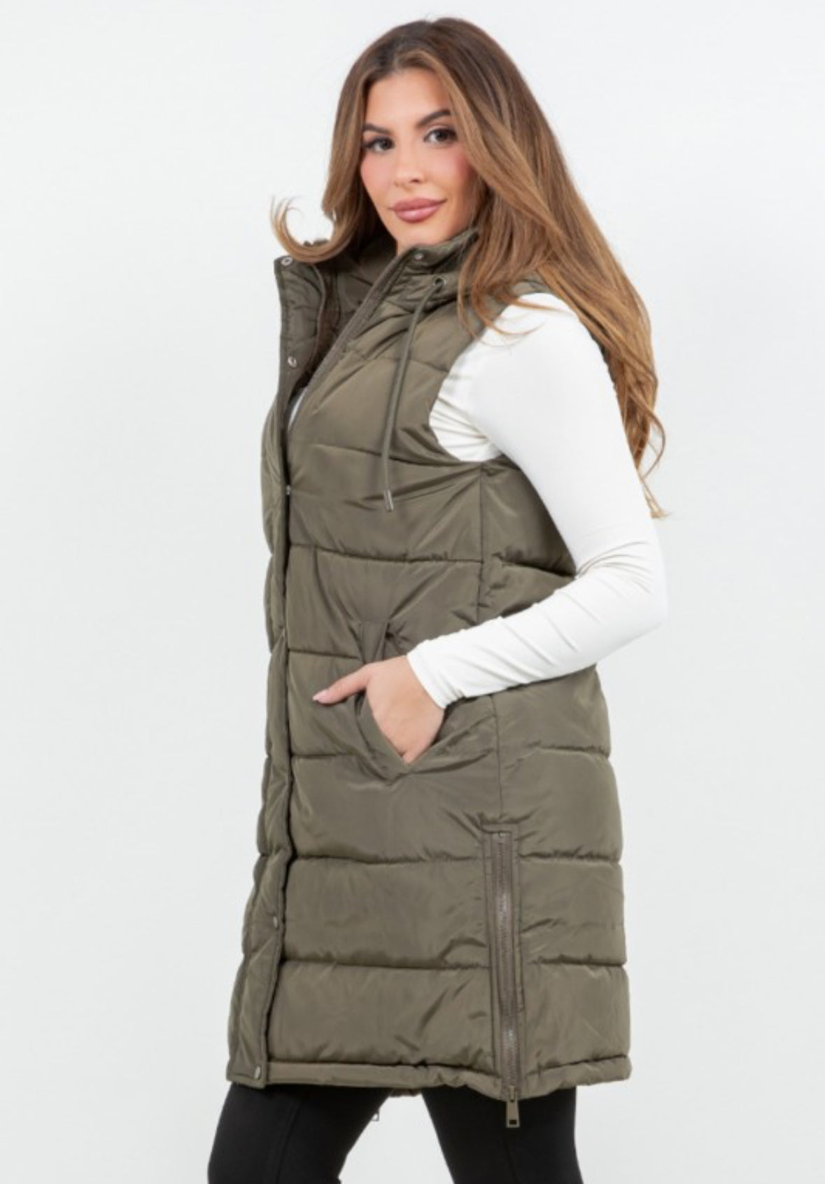 Long Puffer Vest in Olive