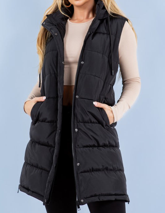 Long Hooded Puffer Vest in Black