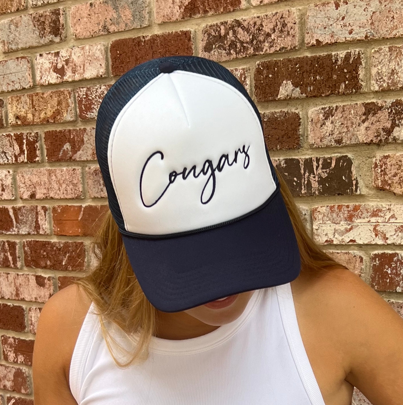 Embroidered Mascot Trucker Hat - COUGARS Navy/White