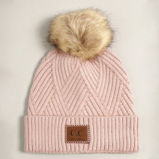 Heather Cuff Pom Hat in Dusty Rose