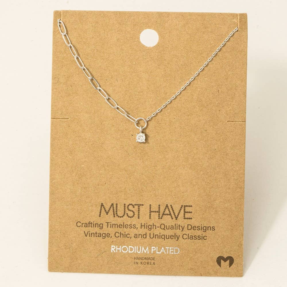 Chain Link Rhinestone Stud Necklace in Silver