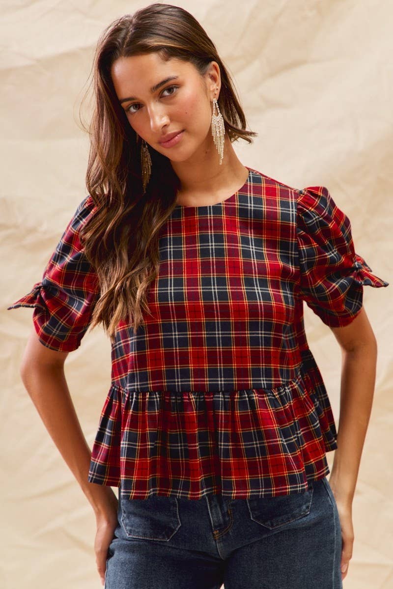 Christmas Plaid Short Sleeve Top in Red