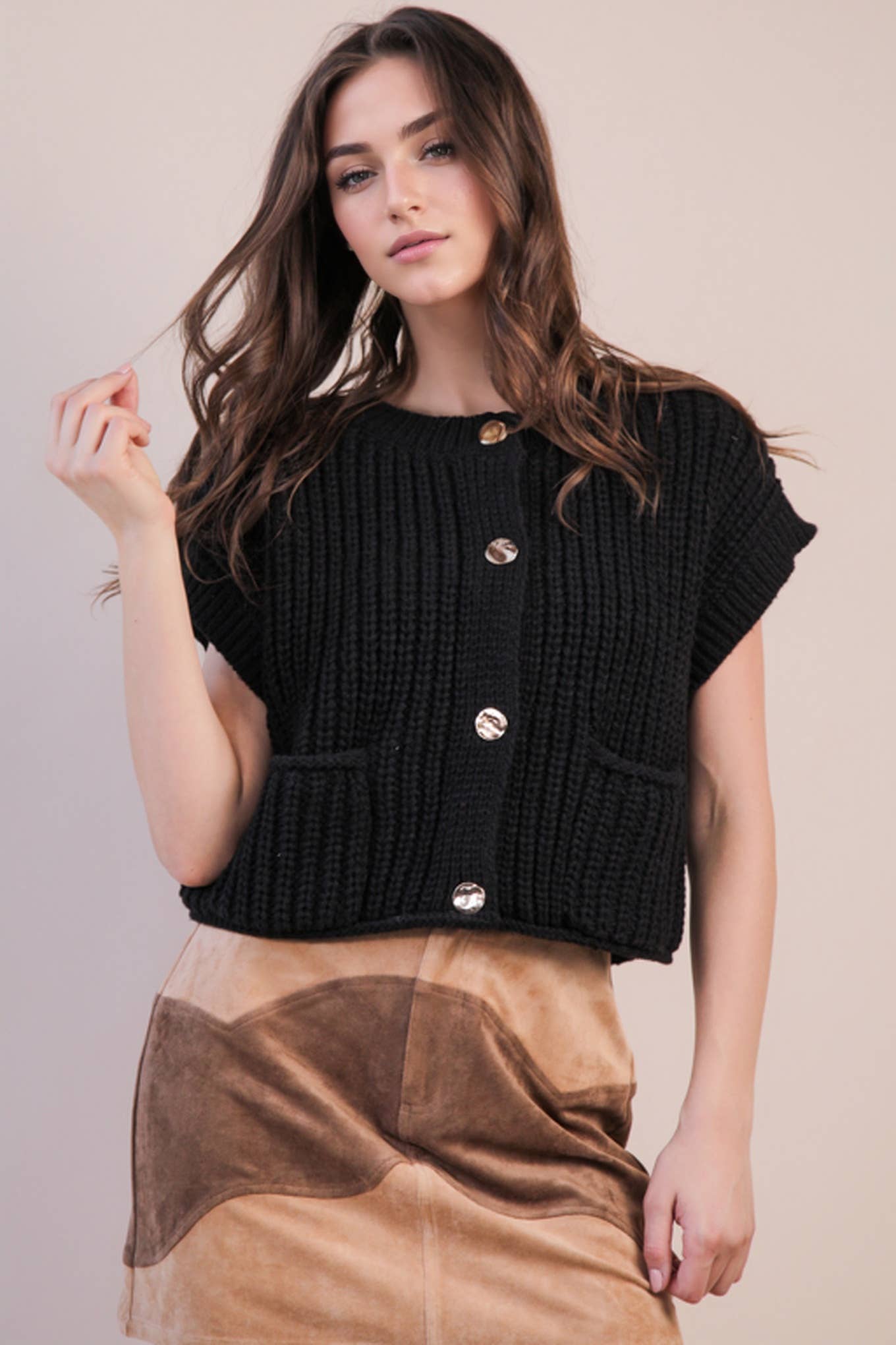 Oversized Button Sweater Top in Black
