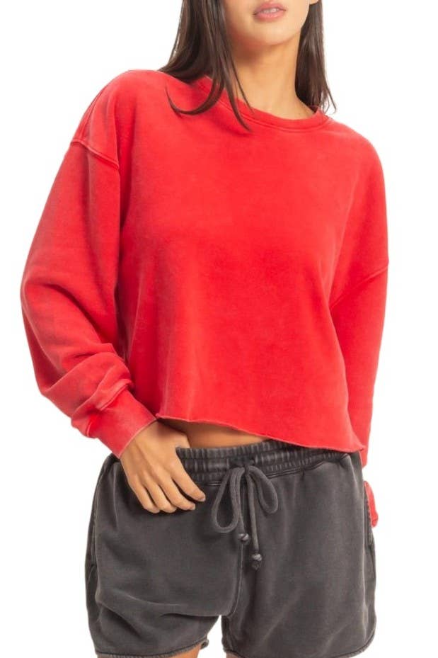 Cropped Mineral Wash Sweatshirt in Red