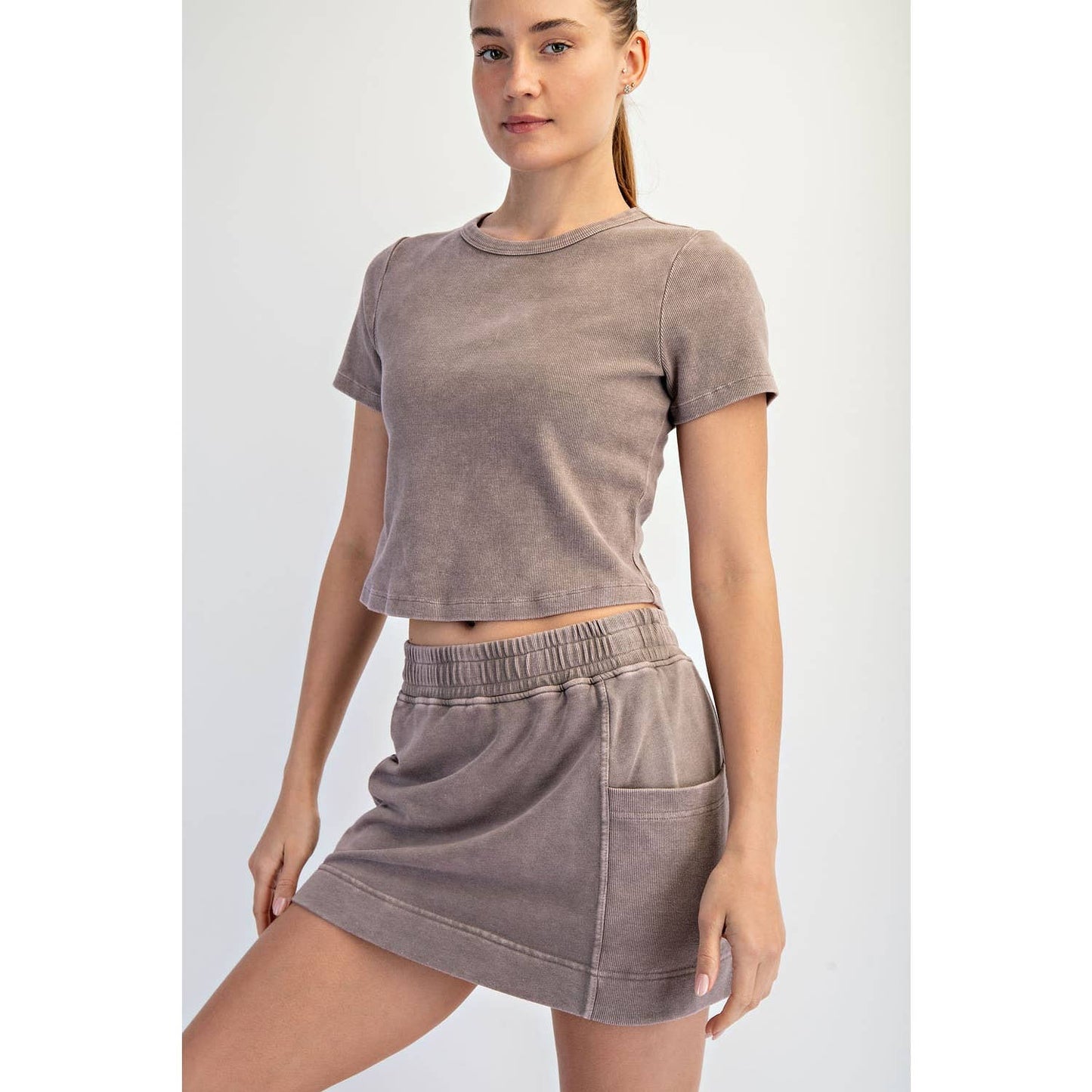 Mineral Wash Ribbed Crop Tee in Mocha