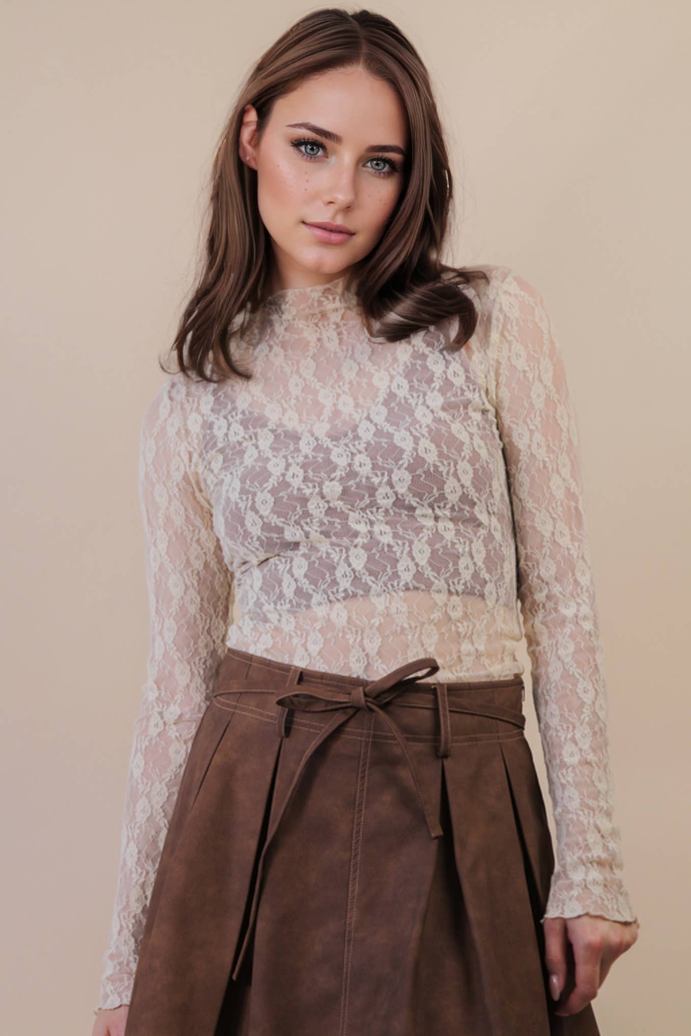 High Neck Fitted Sheer Lace Top in Champagne
