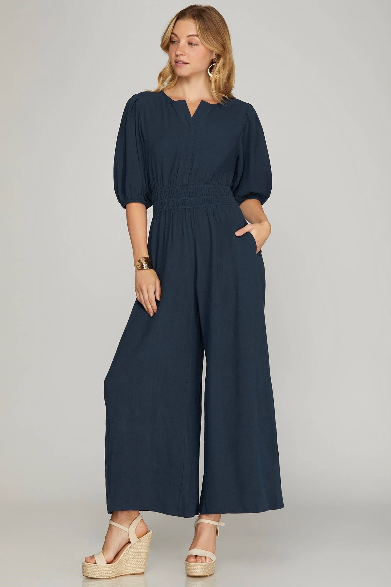 Half Sleeve Smocked Waist Jumpsuit in Navy