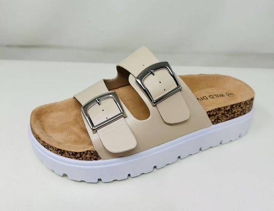 Cork Sole Buckle Sandal in Natural