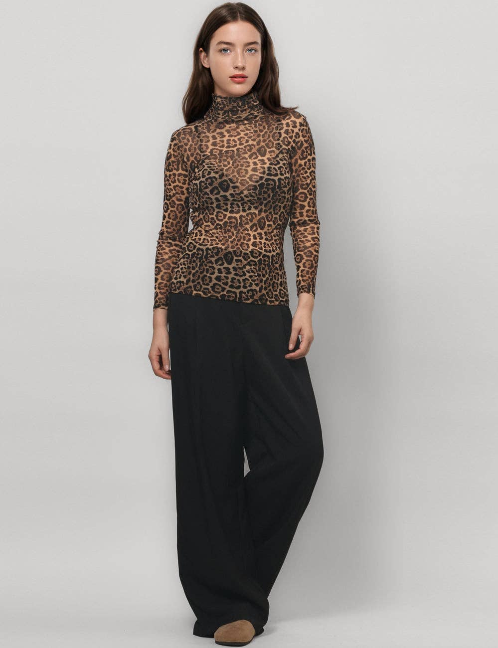 High Collar Mesh Top In Leopard