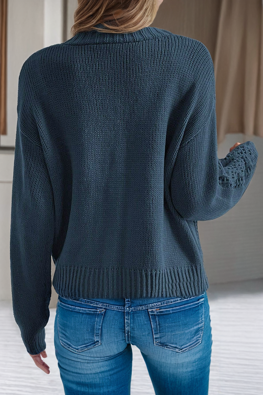 Open Knit Drop Shoulder Cardigan in Teal