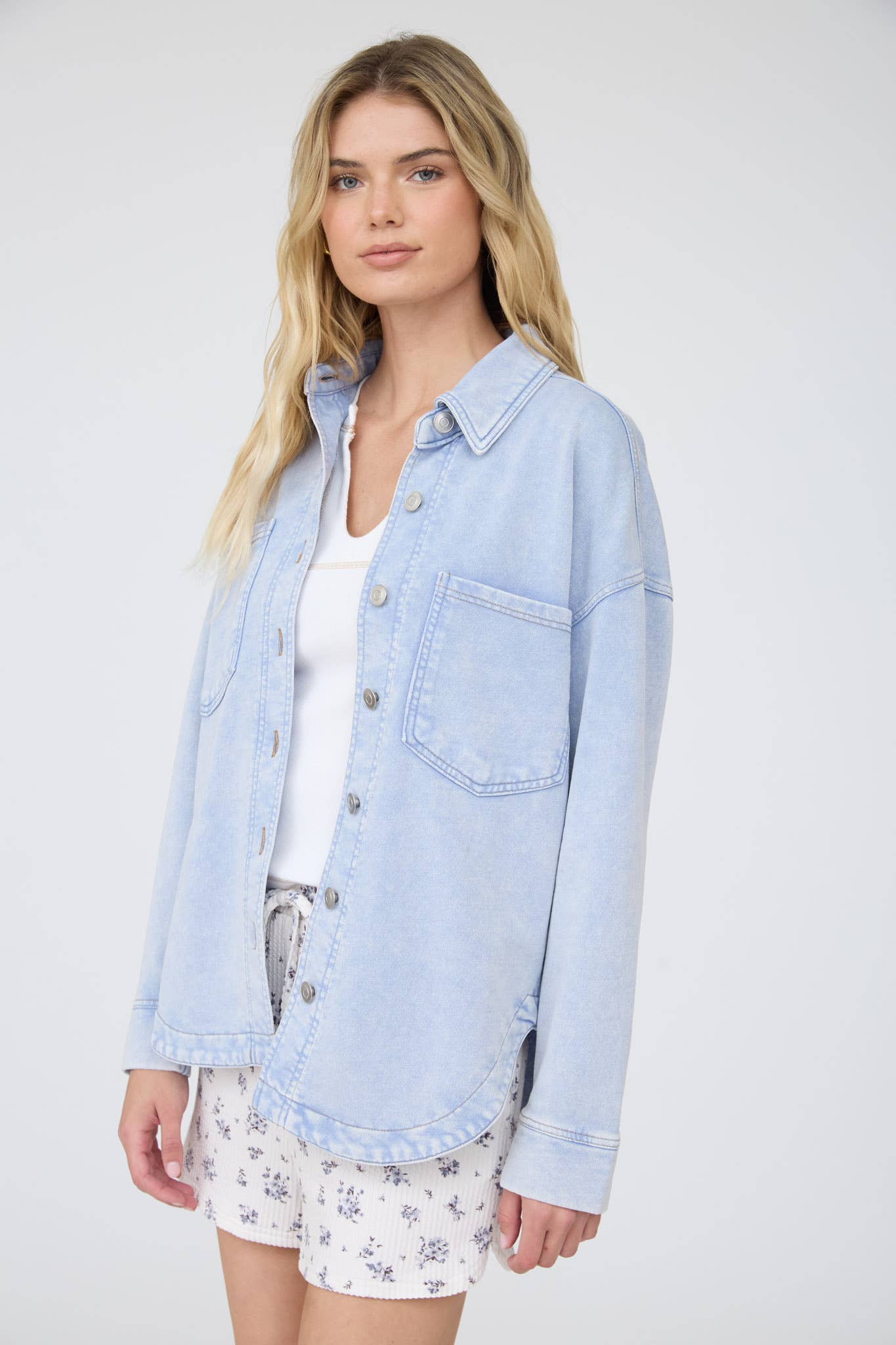 Acid Washed Shacket in Light Blue