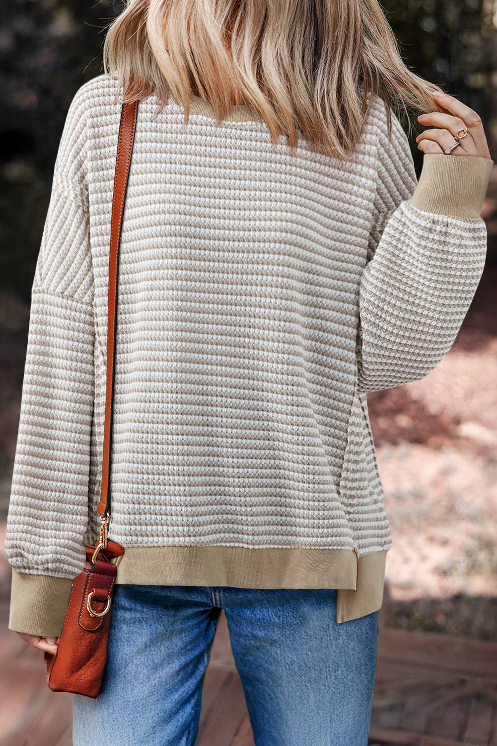 Ribbed Stripe Drop Shoulder Long Sleeve Top in Brown