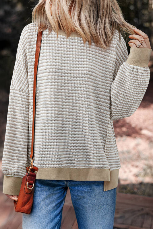 Ribbed Stripe Drop Shoulder Long Sleeve Top in Brown