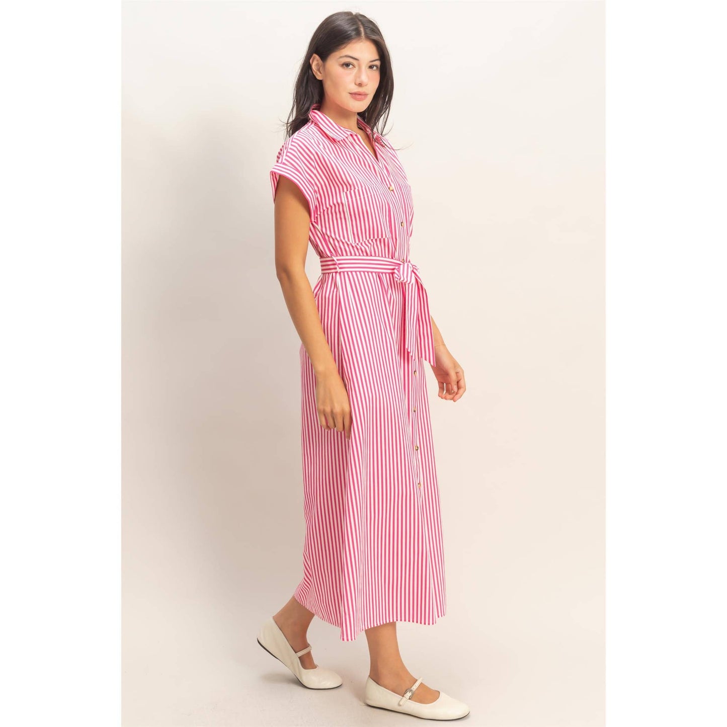 Striped Poplin Belted Dress With Pockets in Pink