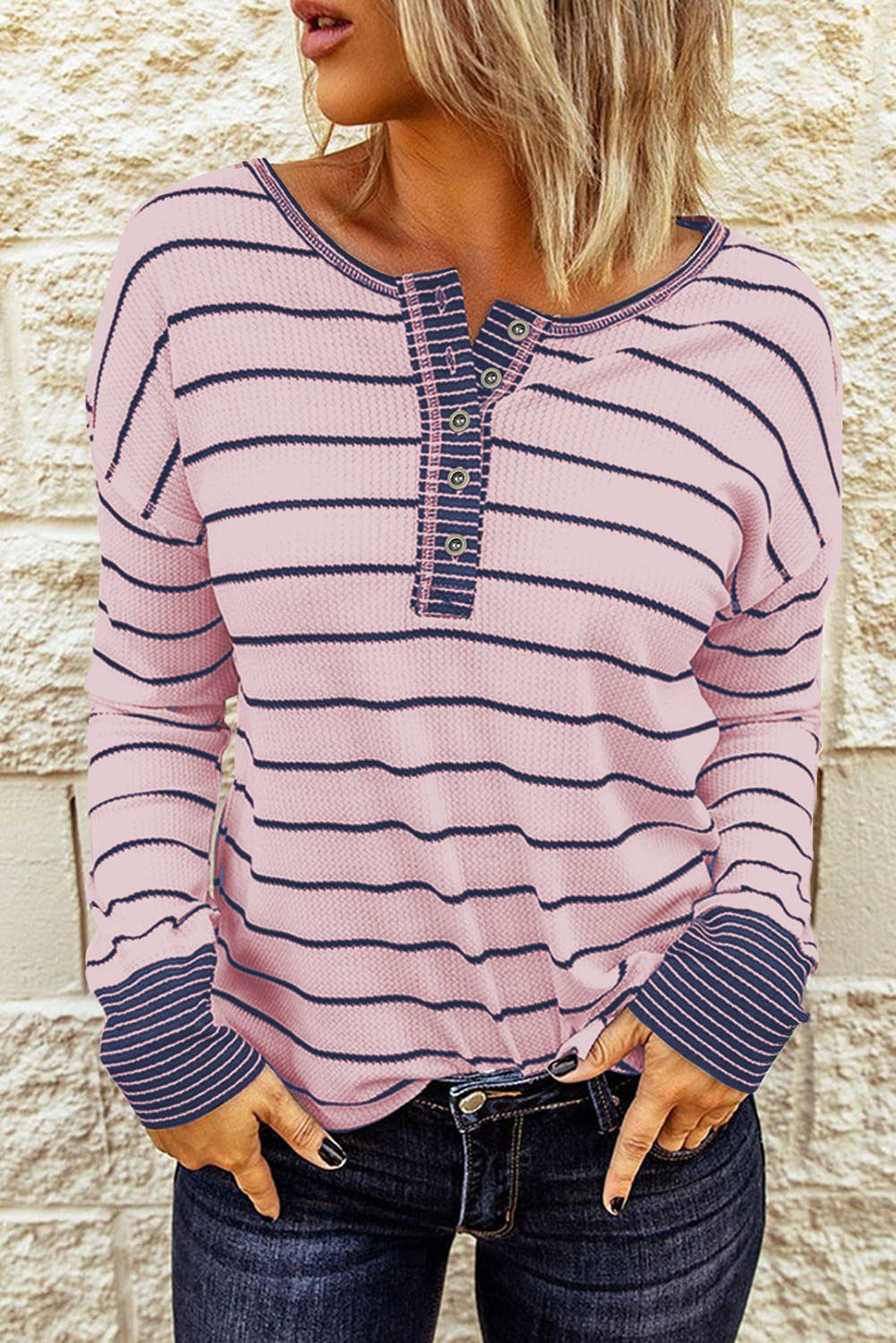 Striped Waffle Button Top in Pink