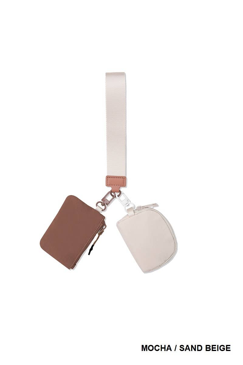 Dual Pouch Wristlet Keychain Wallet in Mocha/Sand Beige