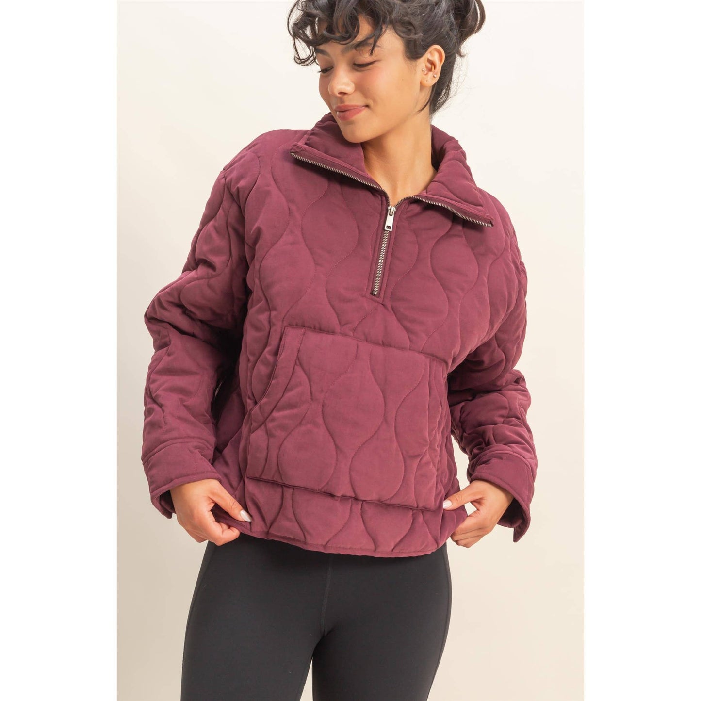 Quilted Half Zip Pullover in Dark Cherry