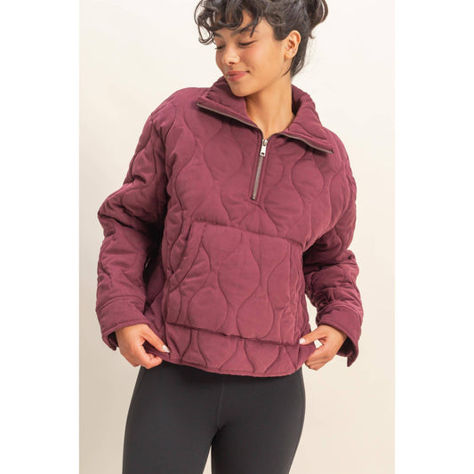 Quilted Half Zip Pullover in Dark Cherry