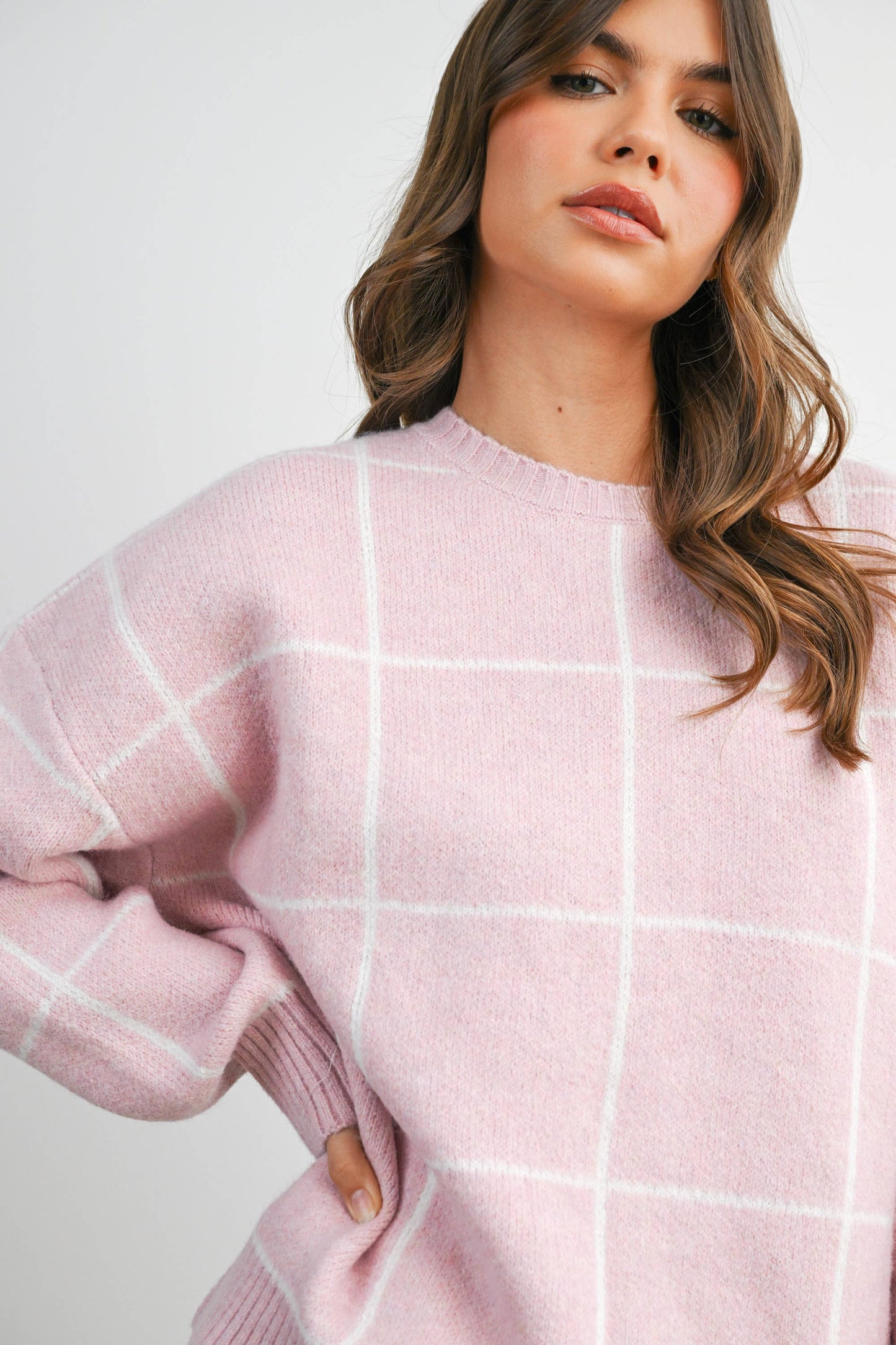 Checkered Knit Sweater in Pink