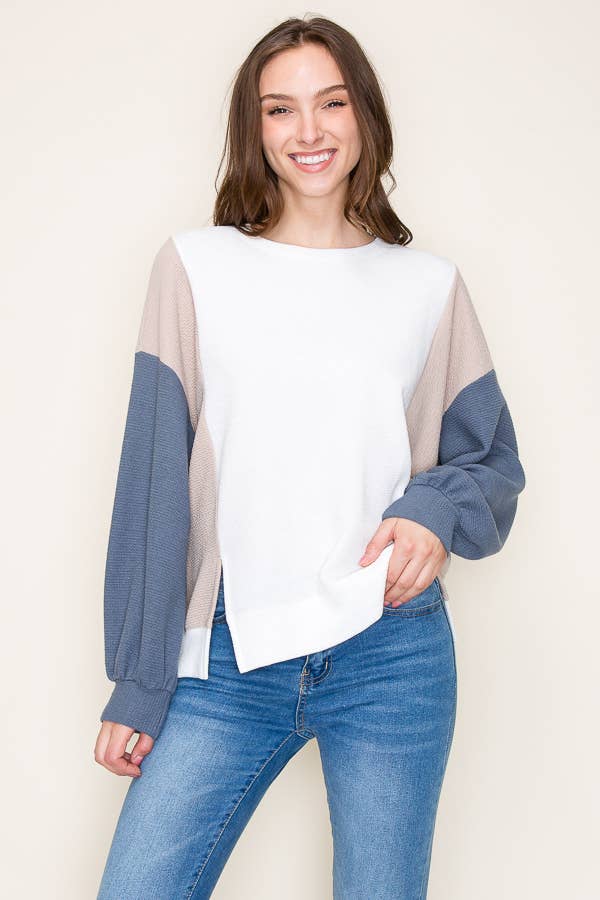 Cloudy Color Block Top in Taupe/Denim