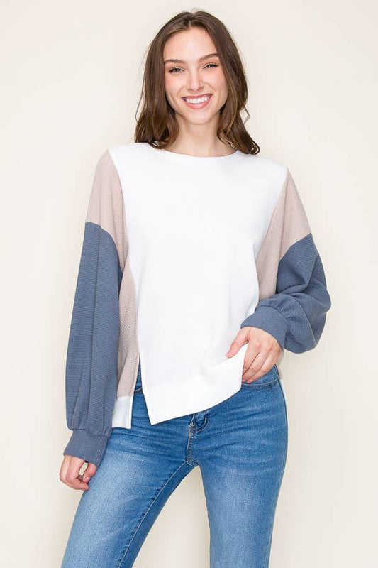 Cloudy Color Block Top in Taupe/Denim