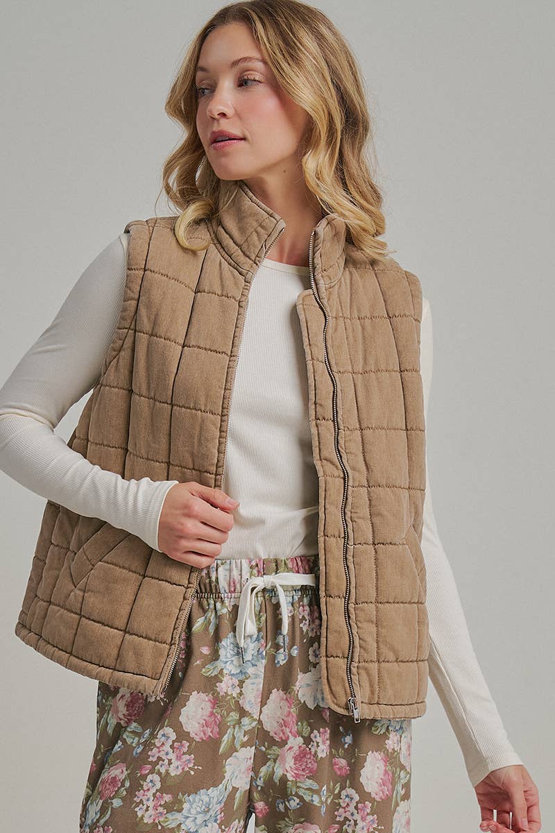 Vintage Washed Quilted Puffer Vest in Taupe