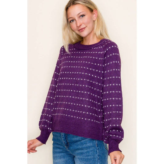 Striped Dot Sweater in Eggplant