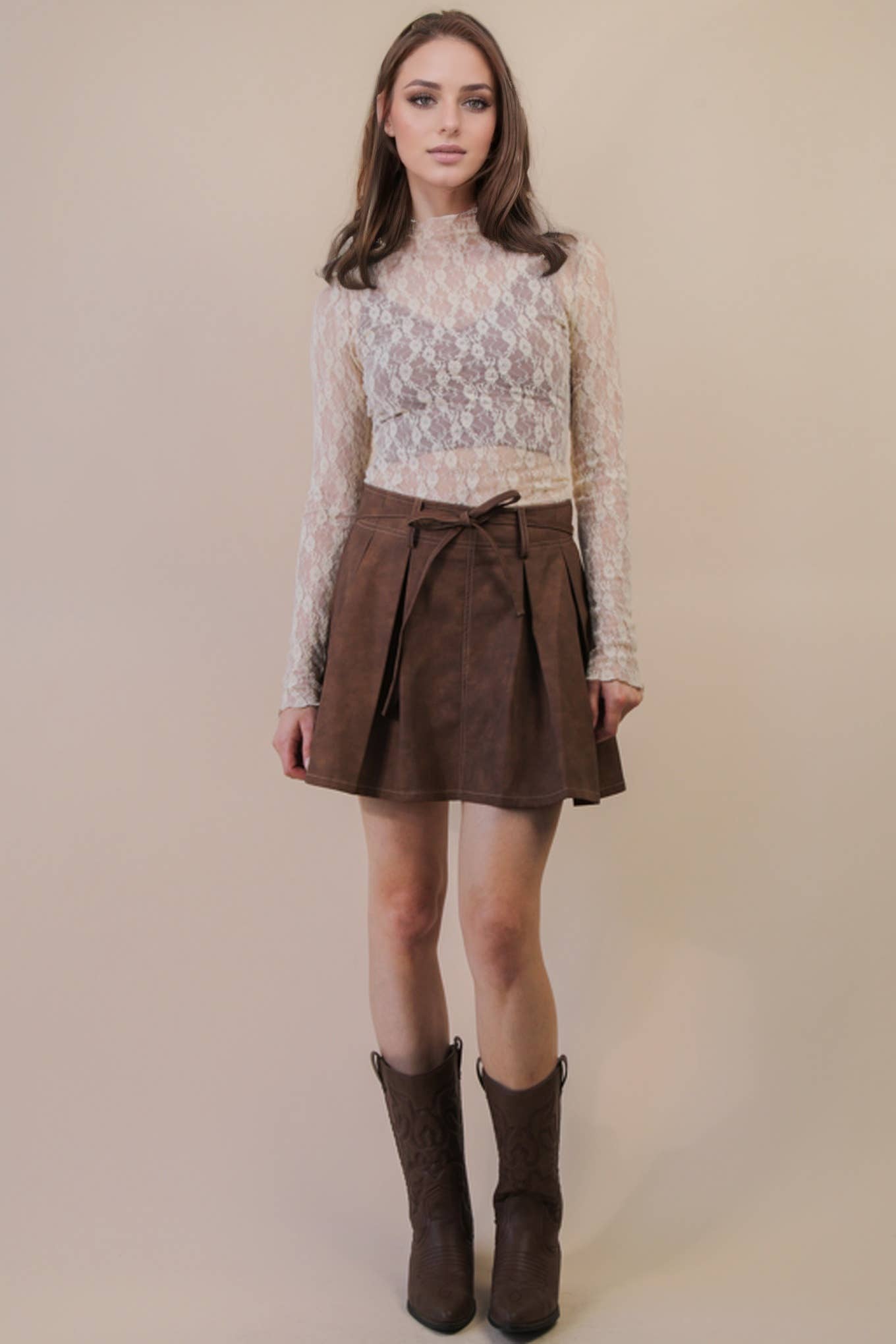 High Neck Fitted Sheer Lace Top in Champagne