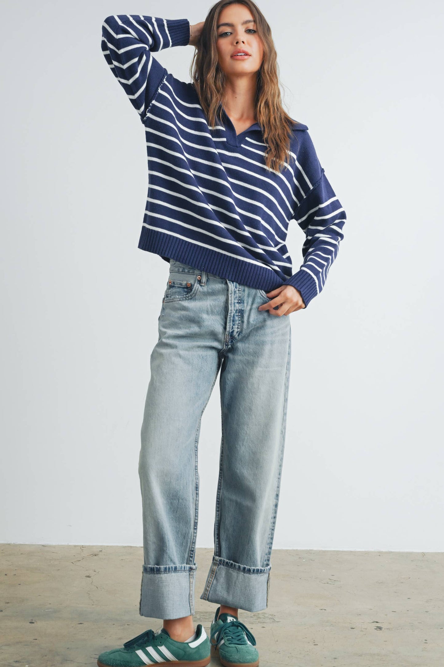 V Neck Striped Sweater in Navy