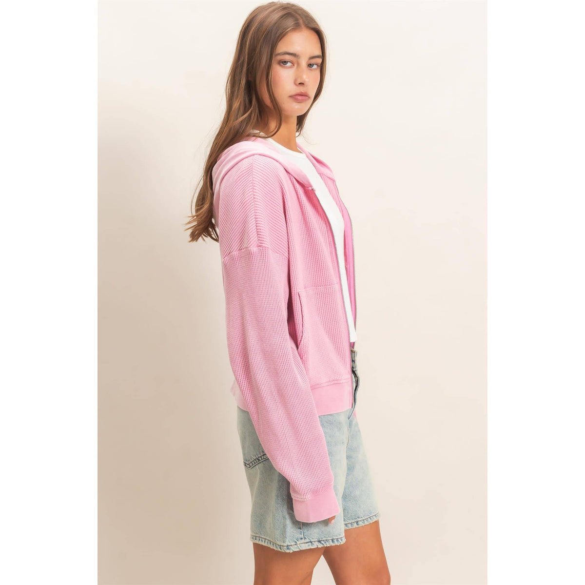 Acid Wash Waffle Knit Hoodie in Pink