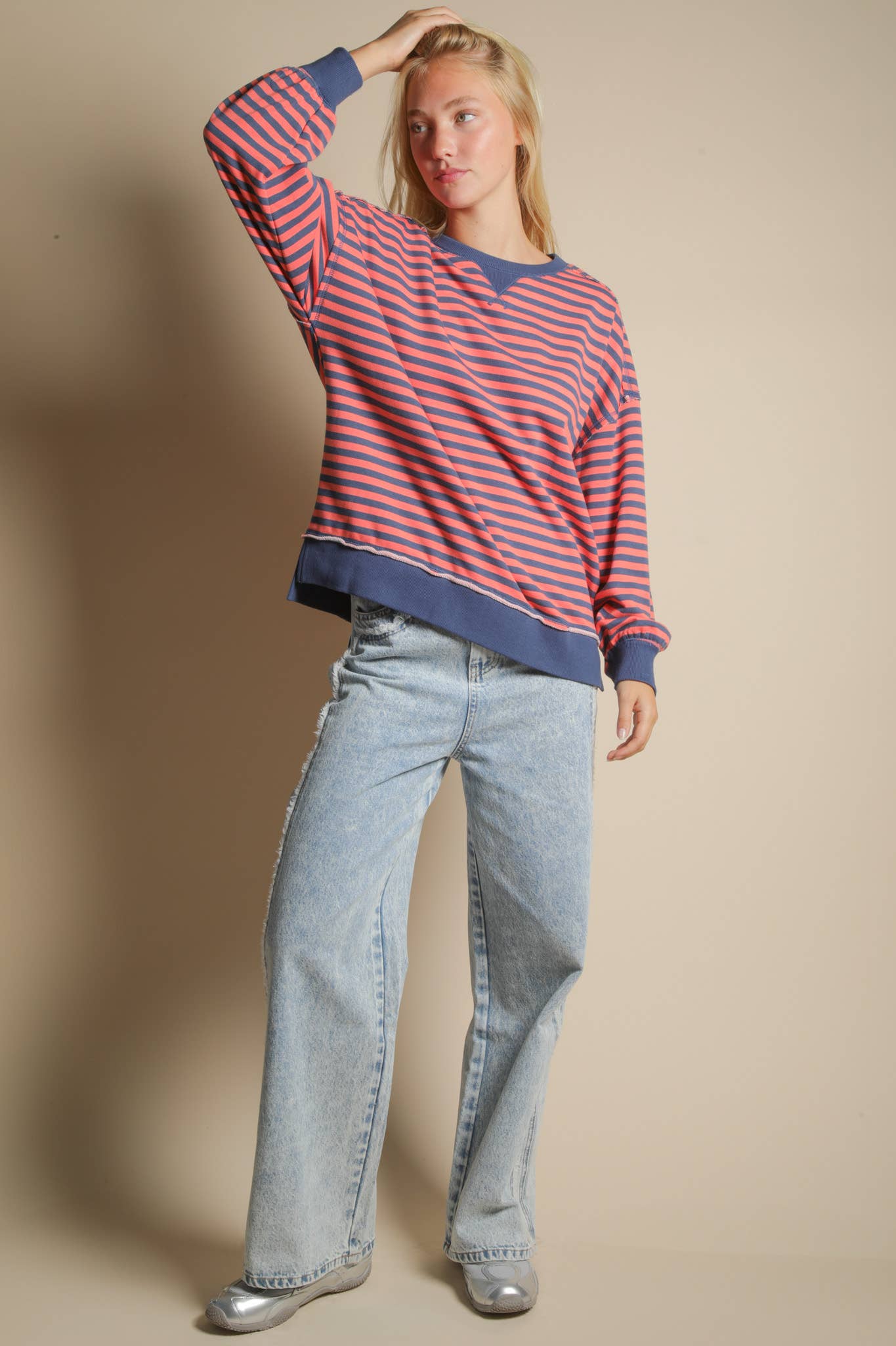 Stripe Casual Oversized Top in Coral/Navy